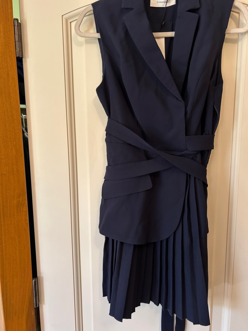Commense Navy Sleeveless Blazer Wrap-Style Pleated Knee Length Dress